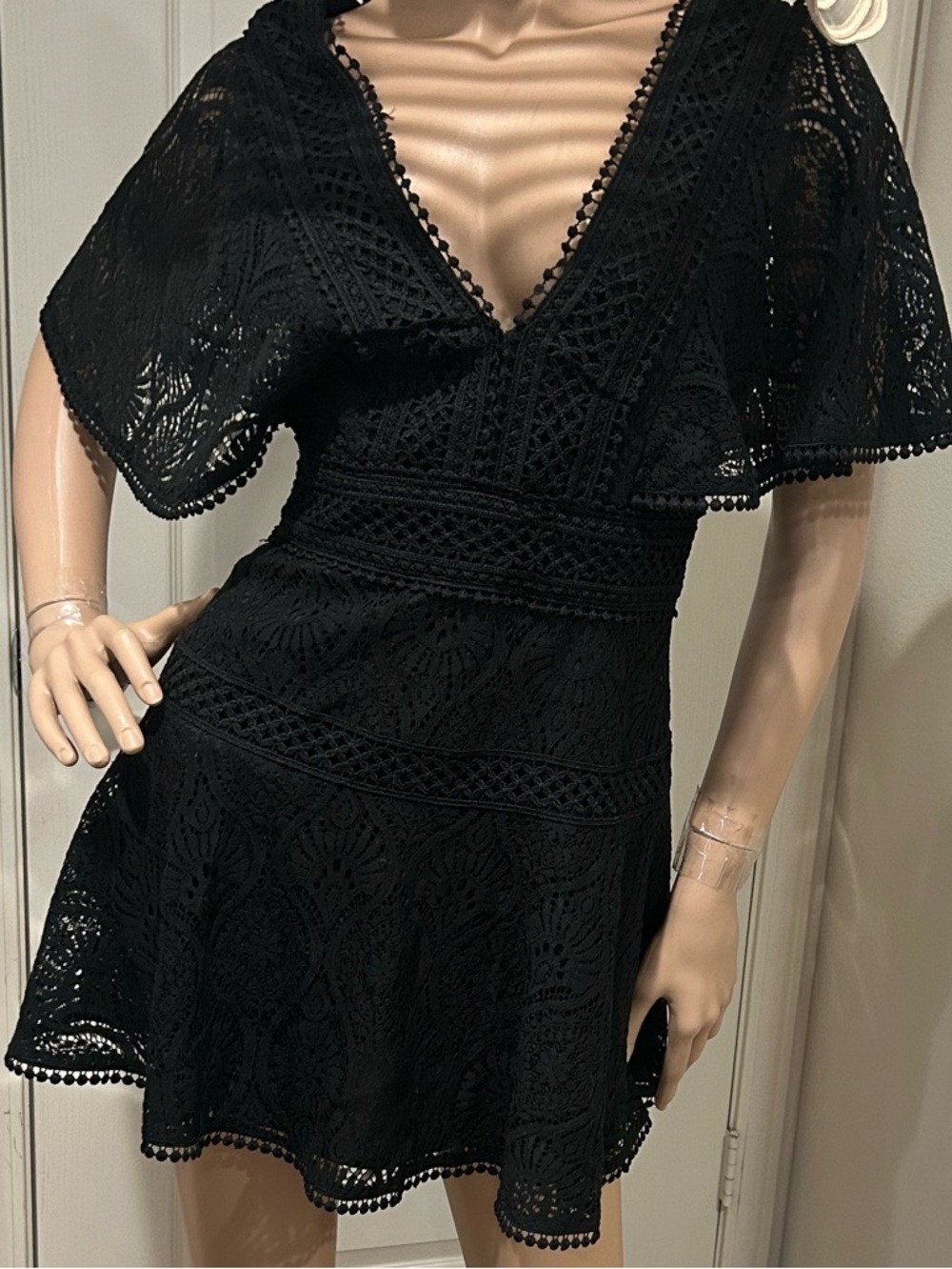 Lulu's Black Lace V-Neck Flutter Sleeve Mini Dress
